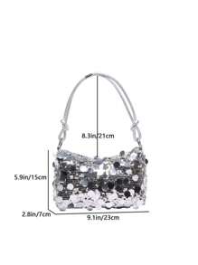 1pc Gold Color Crescent Moon Shape Glitter PVC Shoulder Bag For Women, New Send A Pink Wallet. - Silver - View 7
