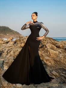Đầm dự tiệc sang trọng cổ đứng tay dài xẻ đùi sequin, váy dự tiệc cưới, váy dạ hội thanh lịch, dành cho khách dự tiệc cưới, tốt nghiệp, tiệc tối - màu đen - Xem 5