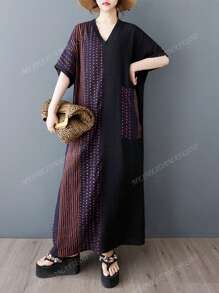 Bluse, Abito casual stile boho per vacanze, Abito elegante da donna per vacanze, Vestito estivo 2025 a righe, scollo a V, maniche corte, largo, con grandi tasche, adatto a taglie forti per donne