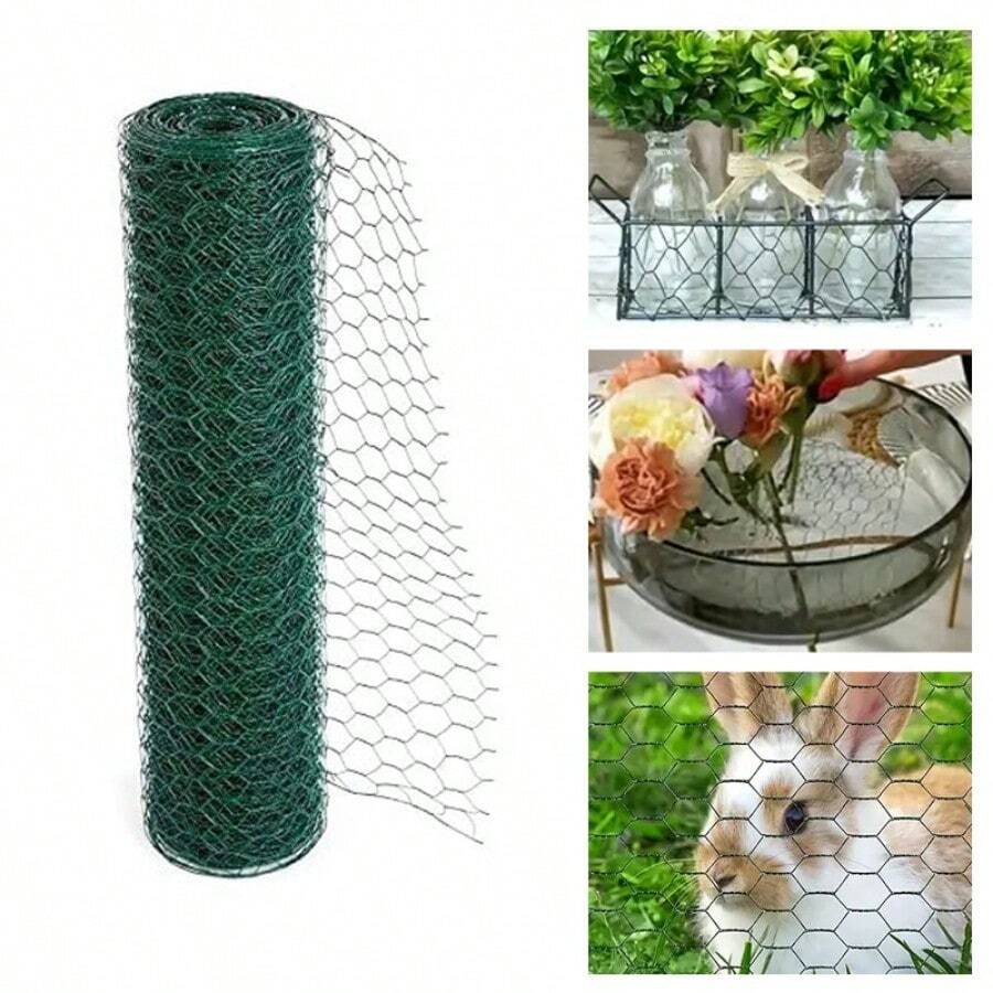 1卷铁丝鸡笼网卷，用于植物保护和DIY花卉工艺品 - 用于家庭和花园装饰的多用途围栏网，易切花支撑网格。塑料涂层铁丝，艺术用品，插花和婚礼装饰