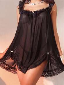 2Pcs Women Nightdress With Briefs Sleeveless Lace Trim Sleep Dress - 黑色 - 查看 4