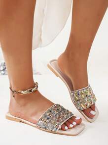 闪亮平底凉鞋，新款水晶带平底沙滩拖鞋夏季水鞋，时尚平底女士凉鞋 - 白色 - 查看 4