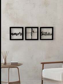 Quadros decorativos fé amor gratidão em MDF Preto, Kit Quadro Decorativo Vazado 3 peças
