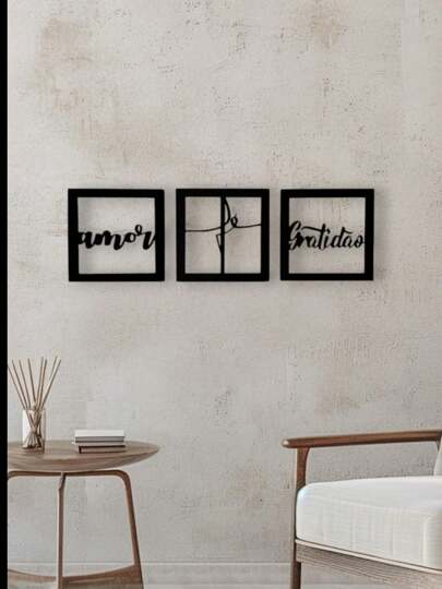 Quadros decorativos fé amor gratidão em MDF Preto, Kit Quadro Decorativo Vazado 3 peças