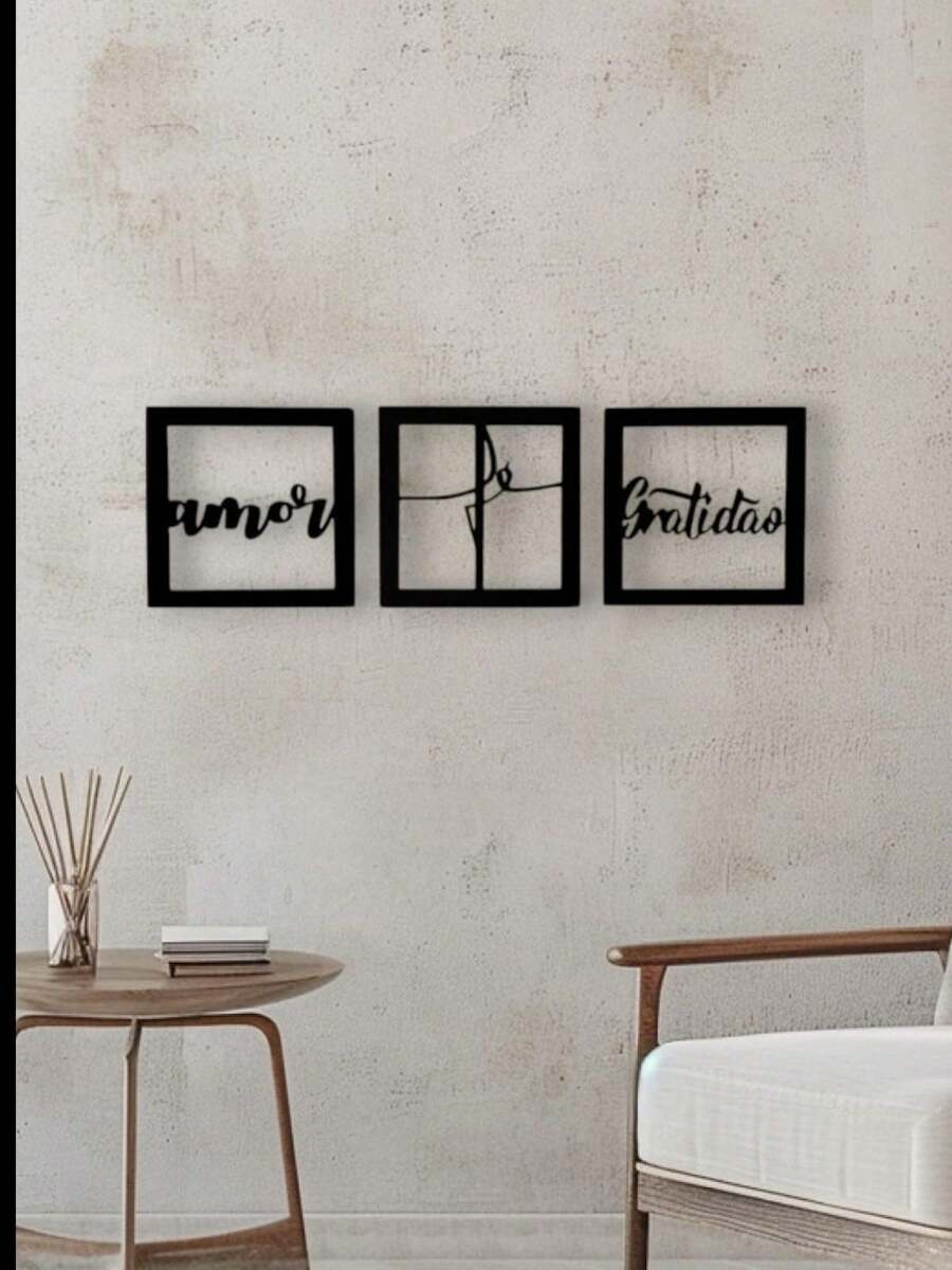 Quadros decorativos fé amor gratidão em MDF Preto, Kit Quadro Decorativo Vazado 3 peças