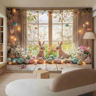 1pc Levendige Paas Wandtapijt Wandhanger - Lente Konijn & Bloemen Ei Patroon Decoratie Voor Vakantie Vieringen, Woonkamer, Kinderkamer, Of Feestelijke Feest Achtergrond, Groot Formaat Decoratief Wandtapijt Voor Woonkamer, Slaapkamer, Kantoor, Feest Achtergrond Decoratie, Familiekamer Decoratie, Vakantie Cadeau, Eenvoudig Te Installeren
