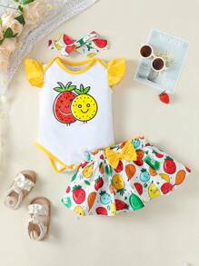 3pcs Infant/Baby Girl Summer Outfit: Fruit Pattern Bodysuit + Fruit Print Skirt + Headband