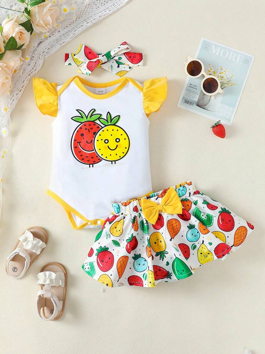 3pcs Infant/Baby Girl Summer Outfit: Fruit Pattern Bodysuit + Fruit Print Skirt + Headband