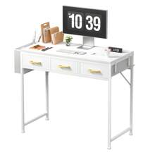 Desk With 3 Drawers, Small Desk With Headphone Holder, Office Table, PC Table, Office Table For Office, Living Room, Home Office (White, 96x47x78.5 Cm) - trắng - Xem 7