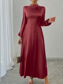 女士纯色立领、灯笼袖、侧系腰长款优雅阿拉伯连衣裙 - 酒紅色 - 查看 5