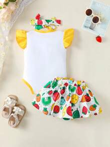 3pcs Infant/Baby Girl Summer Outfit: Fruit Pattern Bodysuit + Fruit Print Skirt + Headband
