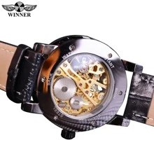 T-WINNER Winner Black Gold Male Clock Men Skeleton Men Watches Top Brand Luxury Leather Wristwatch Men Mechanical Watch