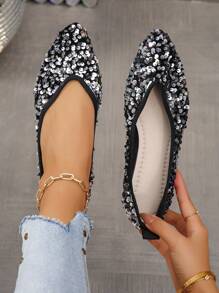 Fashion Color Block Pointed Toe Slip On Flats, Size 35-45, Spring/Autumn, Suitable For Casual Wear And Dresses - Silver Black Sequins - View 4