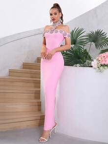 Modphy 新款女款黑色露肩性感重工奢華鑽飾緊身長版繃帶裙 婚禮伴娘禮服 正式晚宴派對洋裝 - 淺粉色 - 查看 4