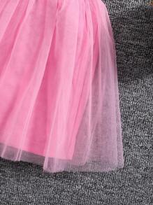 Girls Letter Print Decorated Contrast Color Splicing Mesh Skort Set With Round Neck Vest Top, Fashionable Sporty Style - Pink - View 7