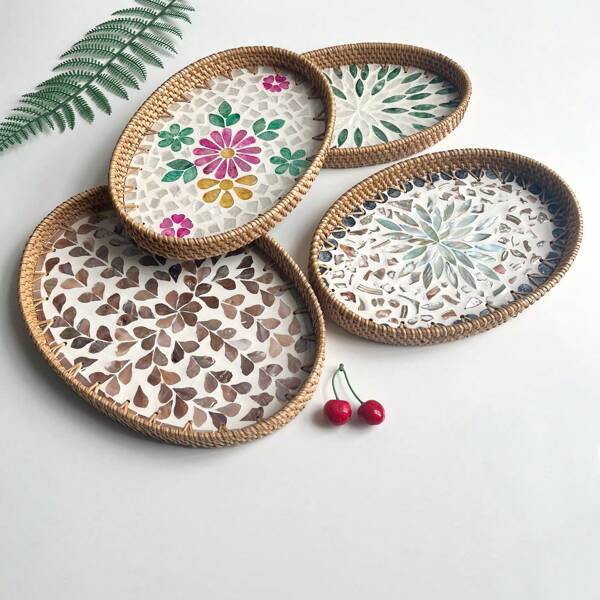 1 pezzo Vassoio ovale colorato in rattan con conchiglie, misure 27 x 18 x 3 cm, Cestino colorato in rattan e conchiglie, decorazione per la casa, porta gioielli, salotto, tavolo da pranzo