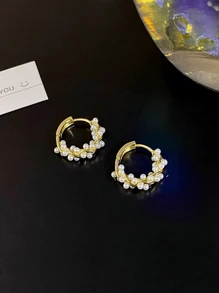 1 Pair Delicate Minimalist Pearl Hoop Earrings, Great Gift For Girlfriend - Gold - View 3