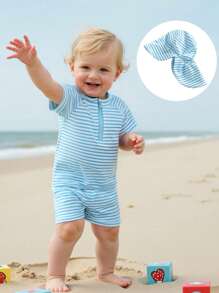 Boys' 3-Piece Rash Guard Swim Set  UPF 50+ Quick-Dry Swim Top + Trunks + Cap  Striped Beachwear 0-4 Years - Blue - View 5