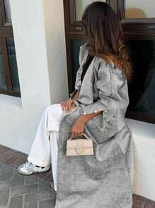 1pc Women Long Abaya, Fashion Casual With Split Sleeve, Pearl Button Closure, Solid Color Long Robe Jacket, High-Quality Linen Fabric, Soft Luster Modest Design, Suitable For Daily Wear - Light Grey - View 1