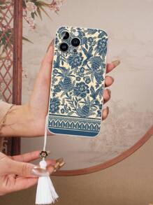 Flower 1pc White TPU Classic Printed Pattern Shockproof Phone Case And 1pc White Tassel Enamel Lanyard, Compatible With IPhone/Android Phones Like IPhone 16 Pro Max, A14, A54, A52, A31 4G, A23, Redmi Note 8 Pro, Note 11 Pro 4G, Note 12 4G, OPPO A54
