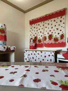 Kitchen Set Kit 10 Printed Pieces Window Curtain Table Runner Sink Curtain Tea Towel Placemat - flores vermelha - 查看 7