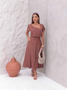 Viscose Twill Skirt And Blouse Set: Short-Sleeved Blouse With Boat Neckline, Flared Midi Skirt With Pockets And Front Slit - 鏽棕色 - 查看 1