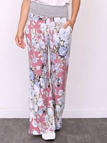 Floral Drawstring Fold Over Band Wide Leg Lounge Pants - 粉色 - 查看 3