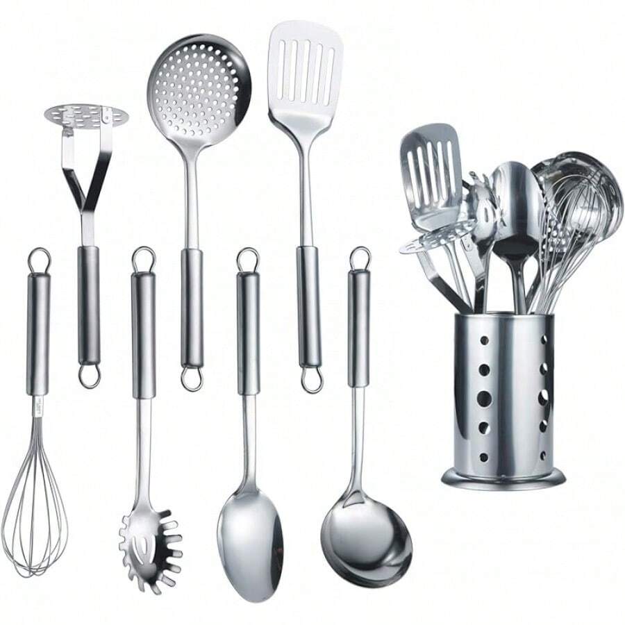 Berglander Cooking Utensil Set 8 Piece, Stainless Steel Kitchen Tool Set With Stand,Cooking Utensils, Slotted Tuner, Ladle, Skimmer, Serving Spoon, Pasta Server,Potato Maseher, Egg Whisk. (8 Pieces) - A. 8 miếng - Xem 1