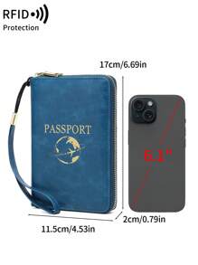 MIYIN RFID Blocking Passport Cover Card Holder With Card Slot ID Window,Solid Color PU Letter&Airplane Pattern Portable Passport Clip Ticket Clip Bank Card Bag Versatile Zippered Mobile Phone Travel Passport Wallet For Men And Women, With Wrist Strap,For Travel Flight Go Abroad For Business,Passport Holder Passport Case Passport Bag Travel Accessories Back To School Stuff (Peacock Blue)