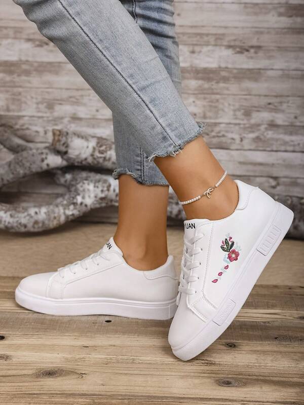 Women's Fashion Embroidered Lace-Up Flat Lightweight Sneakers