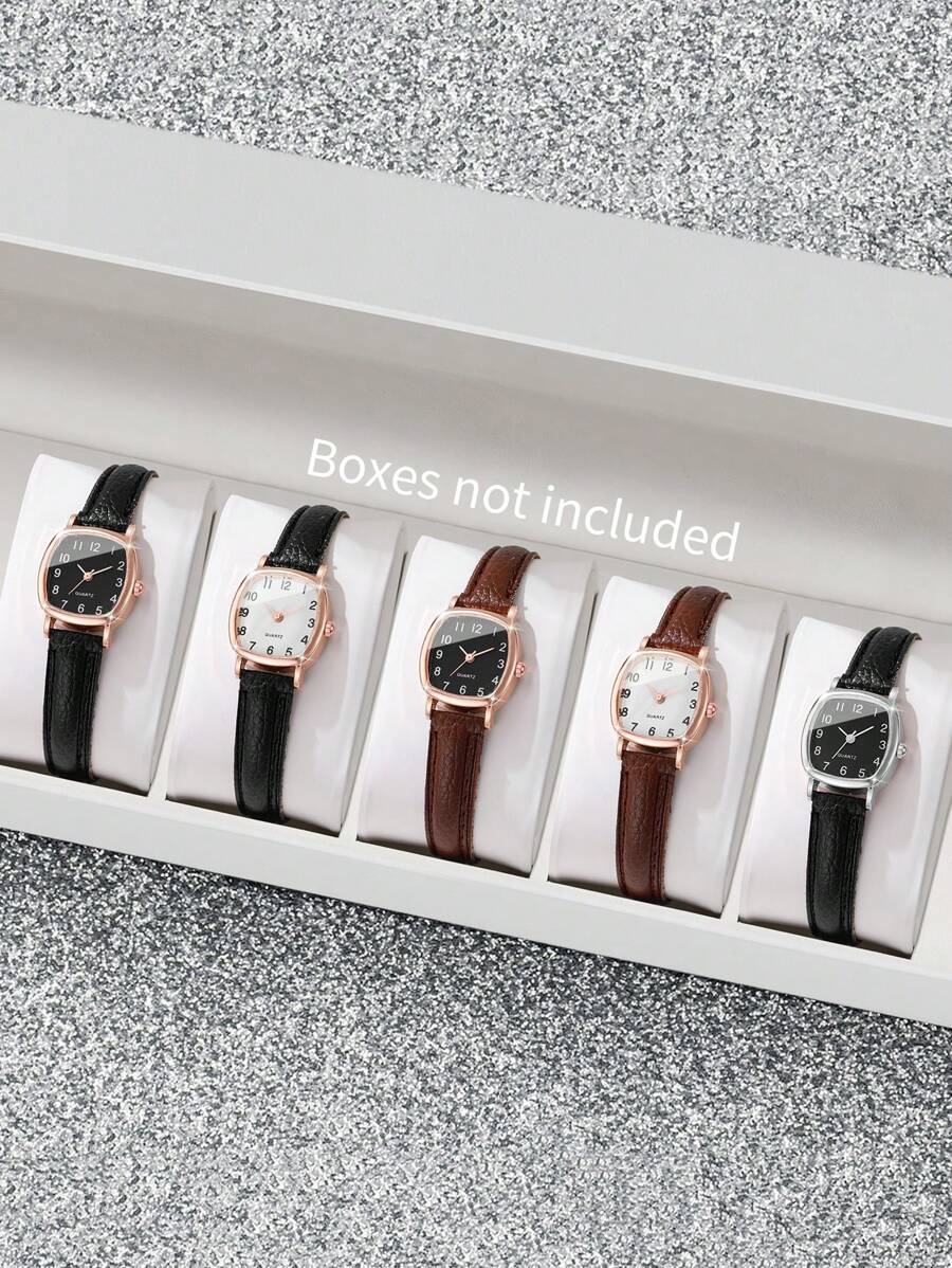 5 件套女士优雅方形表盘小手表和皮带组合，经典石英表，不含手表盒 - 彩色 - 查看 1