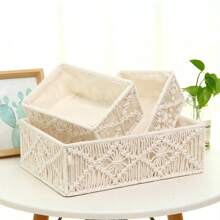 1pc White Rectangular Handwoven Rope Storage Basket, Delicate Handmade Desktop Organizer Box For Trinkets, Decorations, Jewelry And Small Items, Suitable For Daily Home Organization, Party Decoration And Holiday Storage - White - View 5