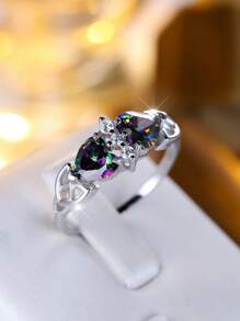 Unique Luxury 925 Sterling Silver Colorful Zirconia Heart Shaped Ring, Versatile For Dates, Parties, Vacations, Banquets, Everyday Wear, Anniversaries, Birthdays, Festivals, Gift