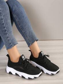 A Pair Of Women's Shoes, Women's Wedge Heel Thick Soled Sports Shoes, Comfortable Lace Up Women's Running Shoes, Fashionable Casual Knitted Breathable Women's Chunky Sneakers