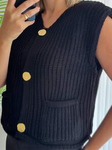 Áo len dệt kim nữ mùa xuân hè áo khoác không tay mùa xuân thu áo thun trơn bó giản dị - Màu xanh hải quân - Xem 7