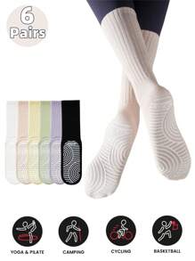 1/2/4/6 Pairs Women's Plain Color Yoga & Pilates Non-Slip Socks, Suitable For Ladies' Yoga Sports Mid-Calf Colorful Socks