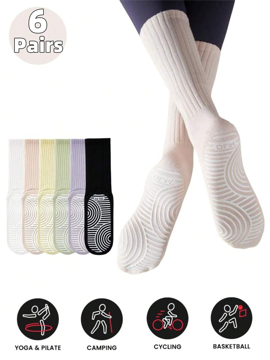 1/2/4/6 Pairs Women's Plain Color Yoga & Pilates Non-Slip Socks, Suitable For Ladies' Yoga Sports Mid-Calf Colorful Socks
