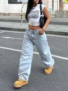 Jeans in denim larghi a vita alta lavati con acqua, casual e leggeri, adatti per uso quotidiano, disponibili in taglie comode per donne