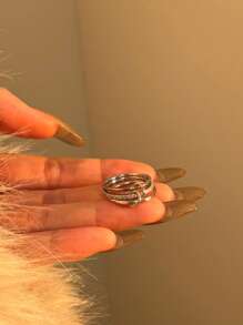 Fashionable Layerable Rings, Silver Tone Triple Linked Design With Delicate Cubic Zirconia, Jewelry Gift For Women