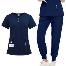 Healthcare Scrub Uniform Set, Patch Pocket V-Neck Top And Solid Color Pants, Women's Nursing Scrub Uniform, Loose Fit, Suitable For Hospital Work