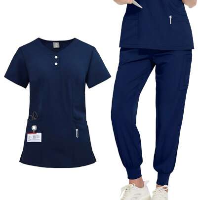 Healthcare Scrub Uniform Set, Patch Pocket V-Neck Top And Solid Color Pants, Women's Nursing Scrub Uniform, Loose Fit, Suitable For Hospital Work