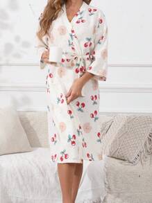 Uroczy damski szlafrok z motywem kreskówkowego misia w kształcie wiśni – szlafrok domowy dla dorosłych z długim rękawem i dekoltem w serek, paskiem, kieszeniami i prostą sukienką – poliester, odzież codzienna, wiosna i jesień