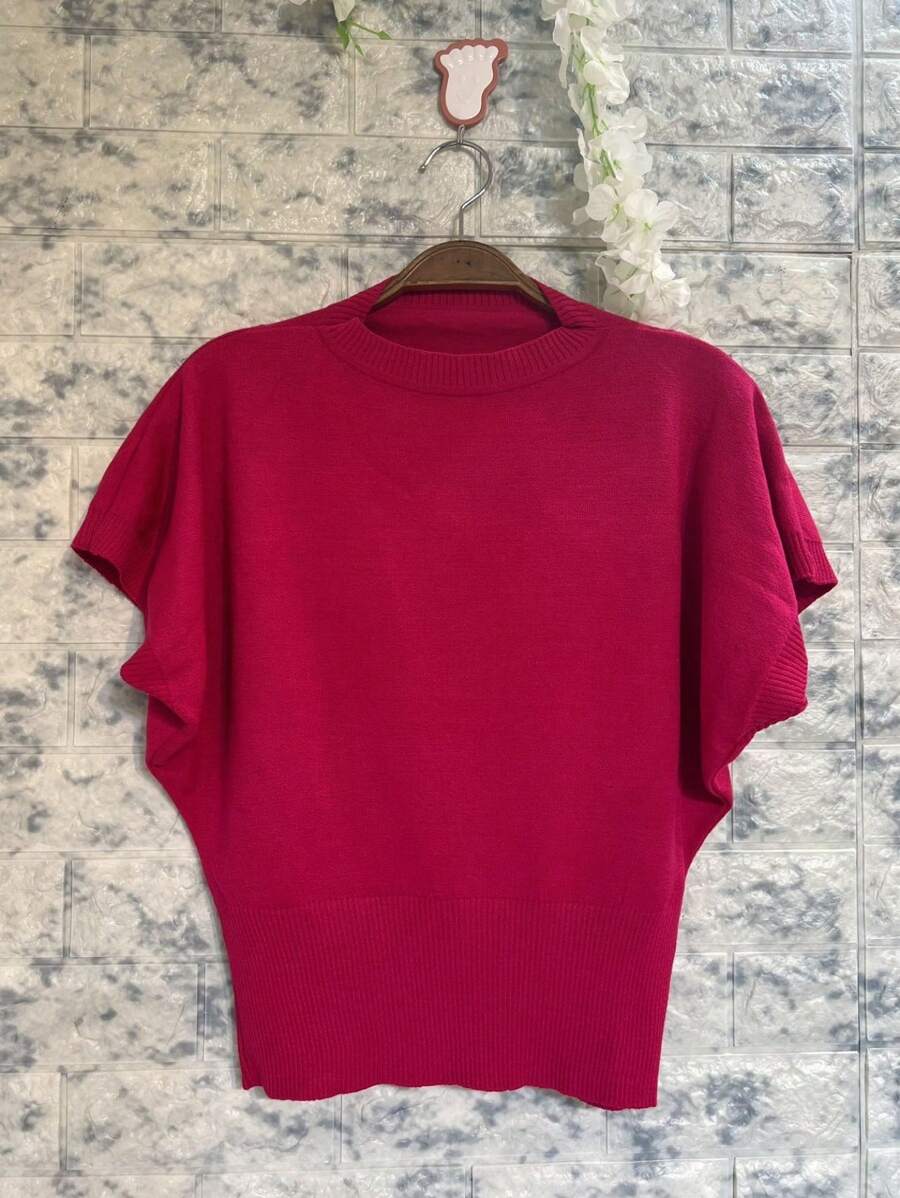 SHORT SLEEVE MODAL KNITTED BAT TOP - Màu Hoa hồng đỏ - Xem 1