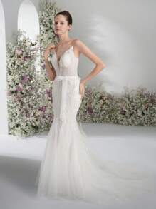 Fish Tail Big V-Back Wedding Dress Shoulder Strap Design Style Wedding Dress Lawn Wedding Outdoor Wedding Dress Bow Belt Design Wedding Dress Lace Style Wedding Dress,Bride - White - View 6