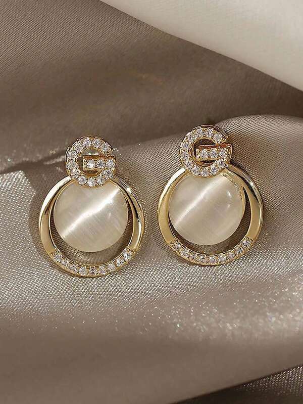1 Pair Rhinestone Cat Eye Stone Letter Shape Earrings, Luxury Classic Business Minimalist Earrings, Elegant Daily Wear For Women