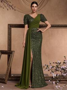 Vestido feminino elegante, de alta qualidade, com lantejoulas, contas, decote em V, manga curta, charmoso e luxuoso para coquetéis, vestido de noite formal com fenda alta e cauda de sereia, artesanato delicado (pesado), para convidadas de casamento - Verde Azeitona - Ver 3