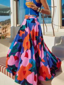 Summer Women's Bohemian Print Beach Skirt, High Waist Pleated Vacation Skirt