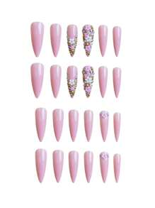 24Pcs Rose Gold Flower Cluster False Nails + 1Pc Jelly Gel + 1Pc Nail File Press On Nails Nail Supplies Nails - Multicolor - View 3