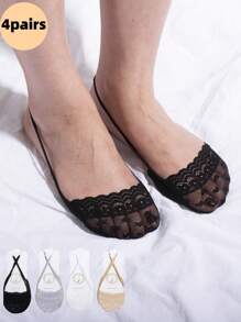 4 Pairs Women Lace Trim Invisible Ankle Socks, Breathable & Comfortable, Suitable For Indoor & Outdoor, Eye-Catching - Multicolor - View 2