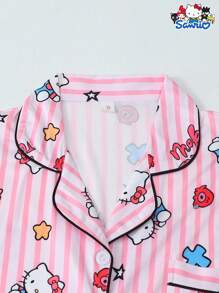 2 件套女士 Sanrio Hello Kitty 印花 Polo 领短袖纽扣口袋上衣和蝴蝶结短裤睡衣套装，适合家居服，春夏季 - 粉色 - 查看 3